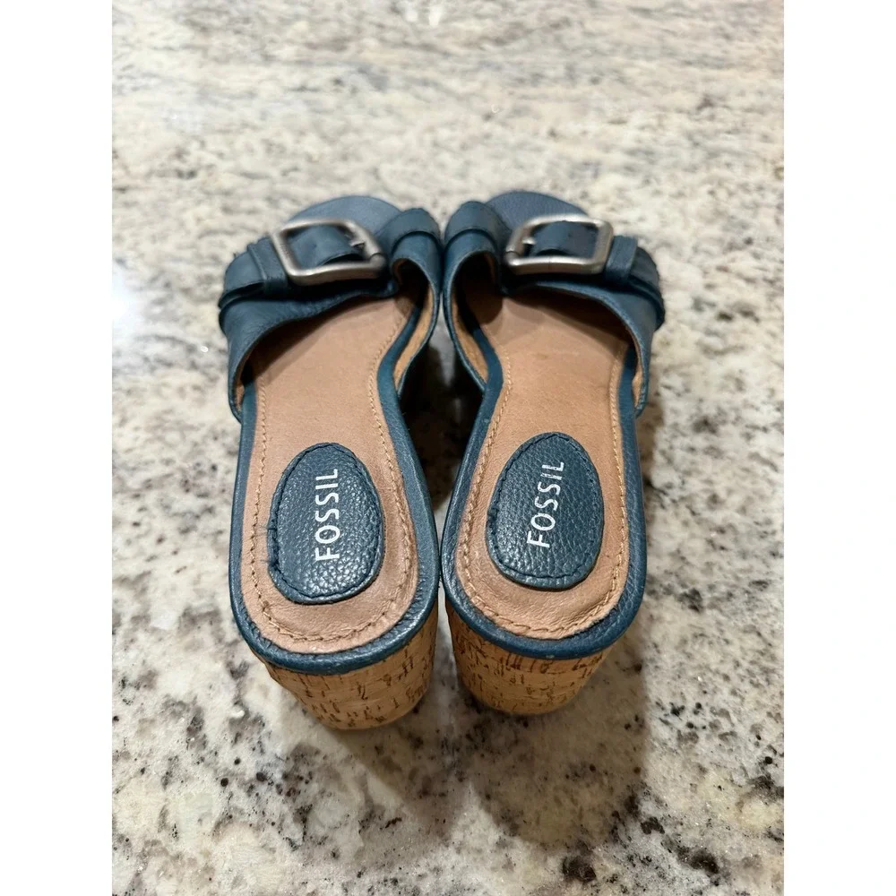 Fossil Blue Pebbled Leather Cork Wedge Sandals Buckle Slide FFW4214470 Size 8